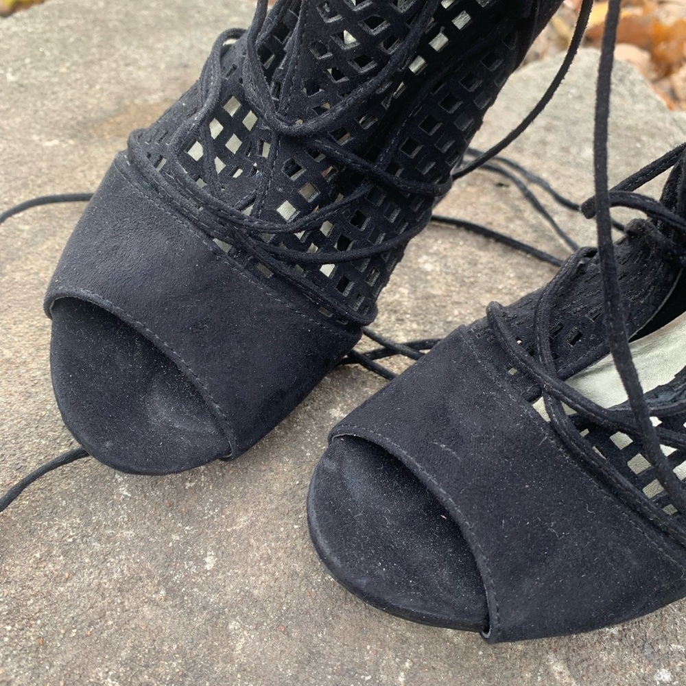 Guess Ankle Boots high heels Black Size 6 US 37 EU Lace Up open toes - Picture 10 of 11